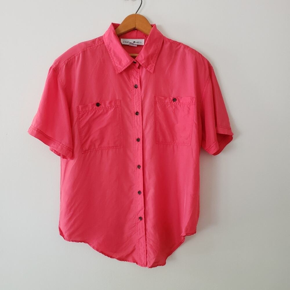 Vintage 90s 100% Silk Pink Short Sleeve Buttondown Large